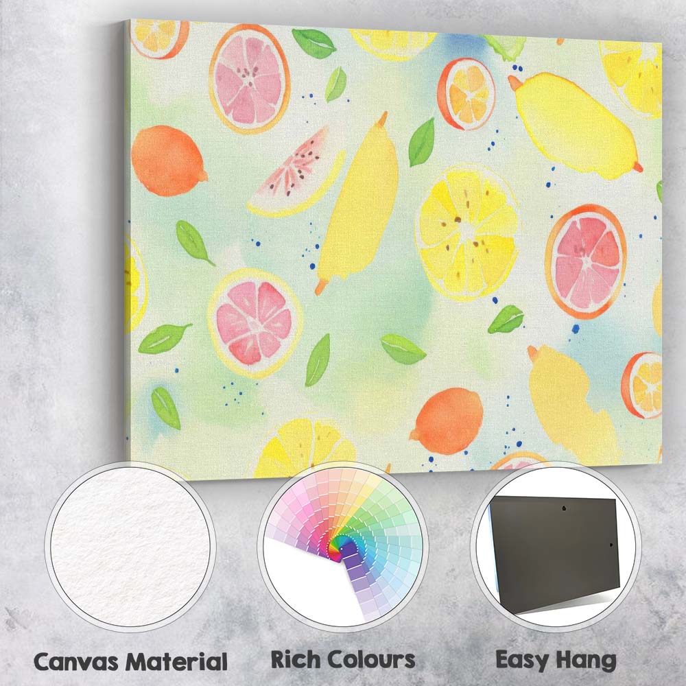 Fresh Lemon and Pink Grapefruit Watercolour Repeat Pattern Canvas Wall Art Print Decor Picture Ready to Hang