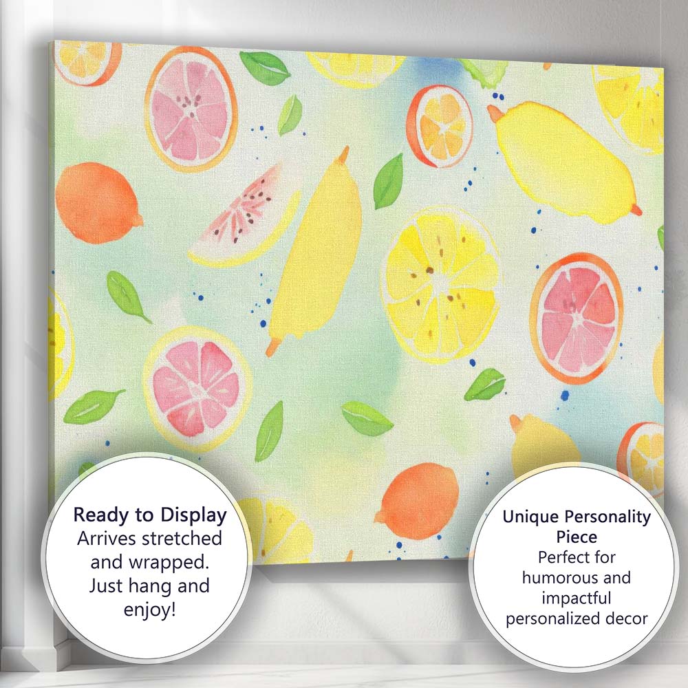 Fresh Lemon and Pink Grapefruit Watercolour Repeat Pattern Canvas Wall Art Print Decor Picture Ready to Hang