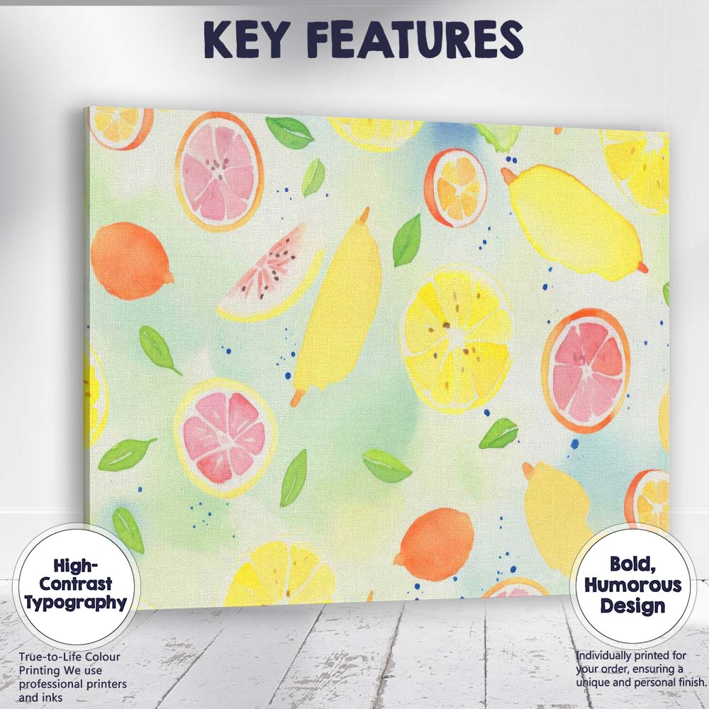 Fresh Lemon and Pink Grapefruit Watercolour Repeat Pattern Canvas Wall Art Print Decor Picture Ready to Hang