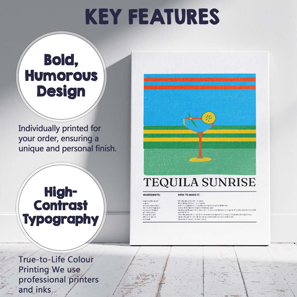 Retro Tequila Sunrise Cocktail Recipe Kitchen Canvas Wall Art Print Decor Picture Ready to Hang