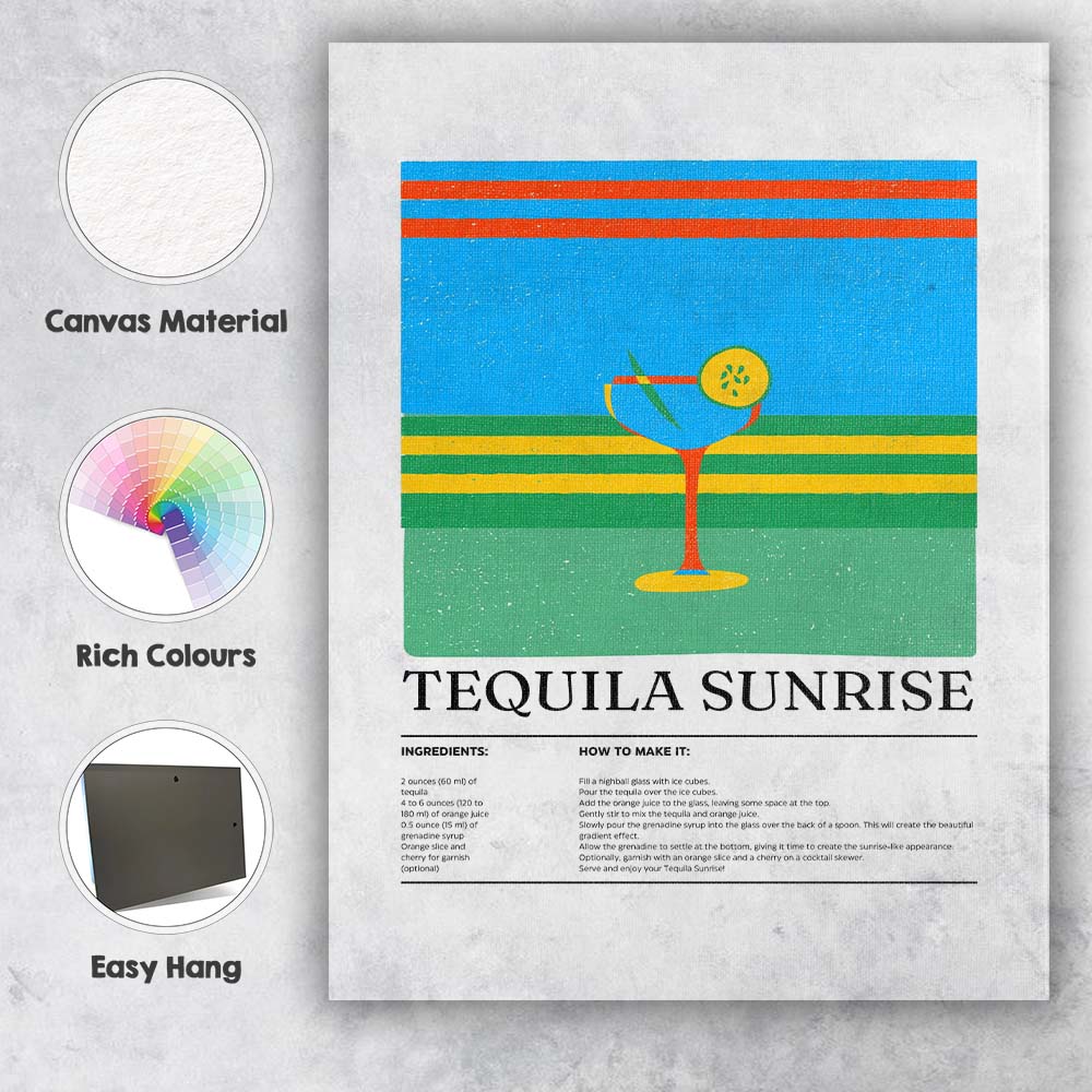 Retro Tequila Sunrise Cocktail Recipe Kitchen Canvas Wall Art Print Decor Picture Ready to Hang