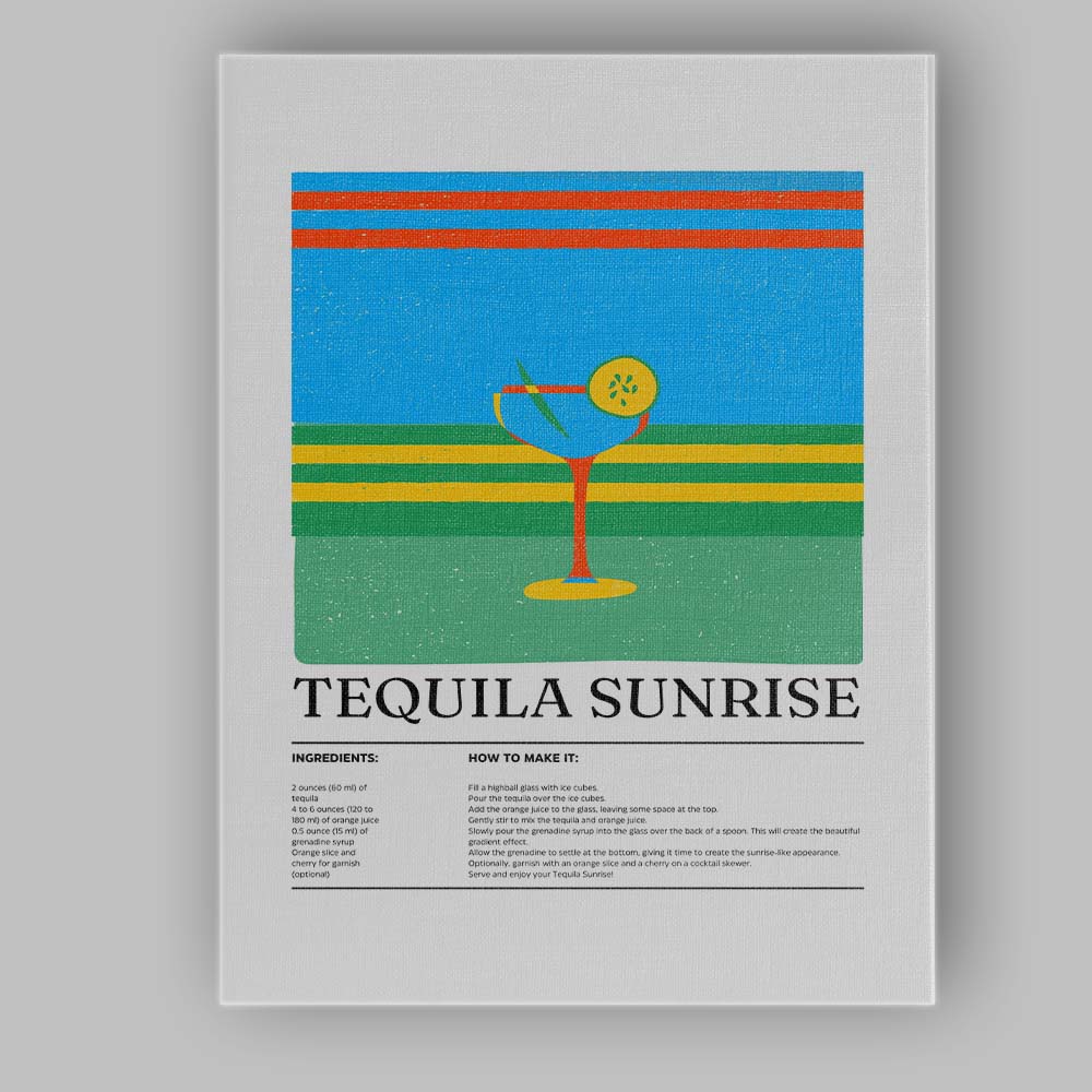 Retro Tequila Sunrise Cocktail Recipe Kitchen Canvas Wall Art Print Decor Picture Ready to Hang