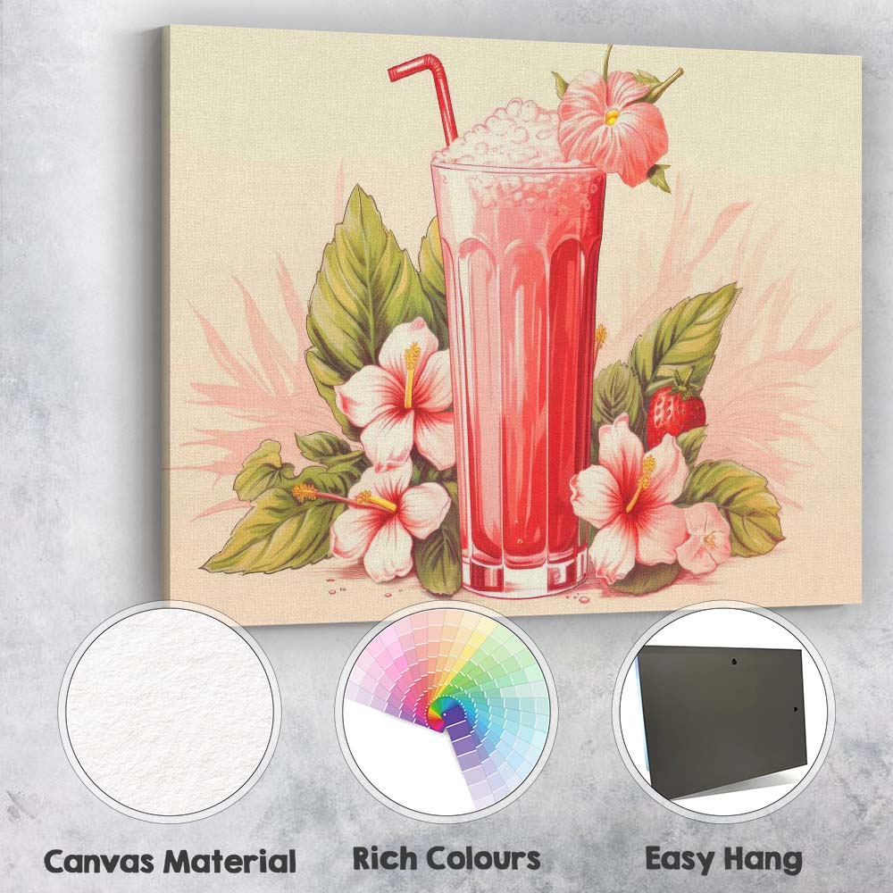 Pink Strawberry Smoothie Hibiscus Tropical Drink Canvas Wall Art Print Decor Picture Ready to Hang
