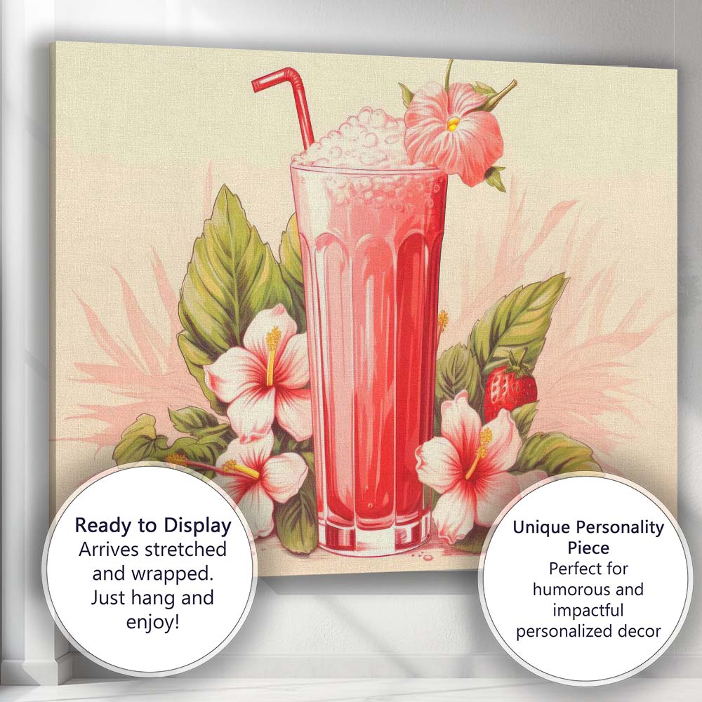 Pink Strawberry Smoothie Hibiscus Tropical Drink Canvas Wall Art Print Decor Picture Ready to Hang