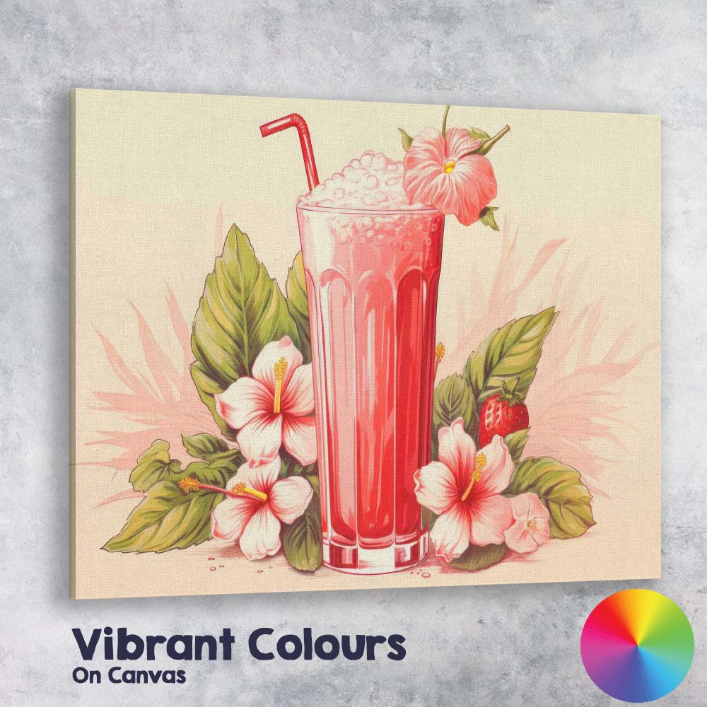 Pink Strawberry Smoothie Hibiscus Tropical Drink Canvas Wall Art Print Decor Picture Ready to Hang