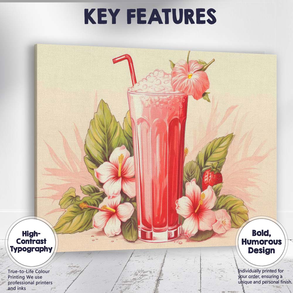 Pink Strawberry Smoothie Hibiscus Tropical Drink Canvas Wall Art Print Decor Picture Ready to Hang