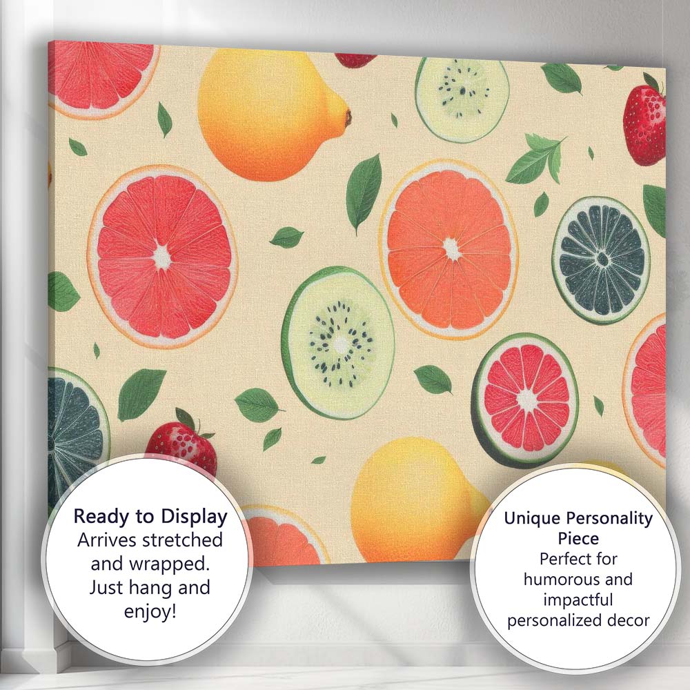 Fresh Citrus Kiwi Strawberry Fruit Repeat Pattern Canvas Wall Art Print Decor Picture Ready to Hang