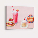 Pink Strawberry Dessert Smoothie Cupcake Pancake Kitchen Canvas Wall Art Print Decor Picture Ready to Hang