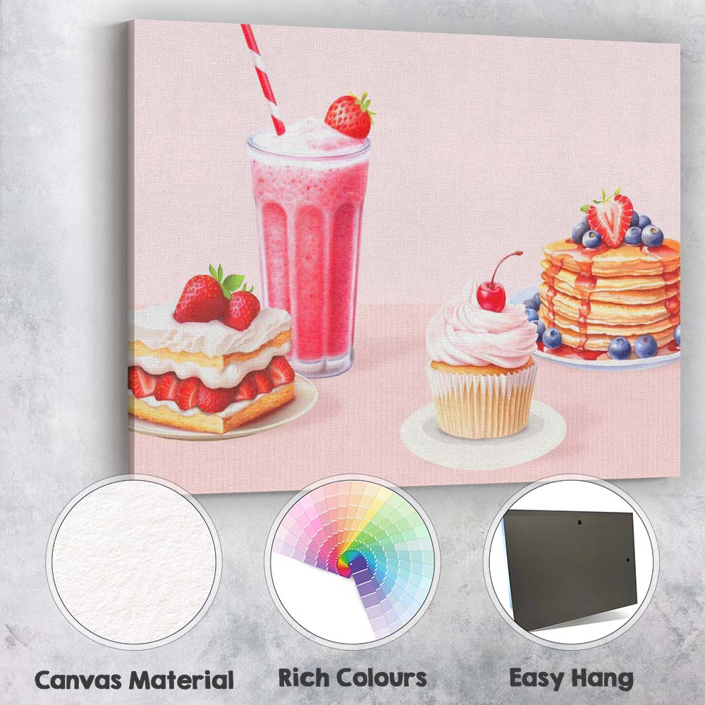 Pink Strawberry Dessert Smoothie Cupcake Pancake Kitchen Canvas Wall Art Print Decor Picture Ready to Hang