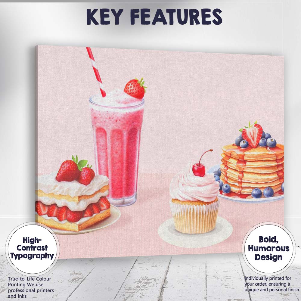 Pink Strawberry Dessert Smoothie Cupcake Pancake Kitchen Canvas Wall Art Print Decor Picture Ready to Hang