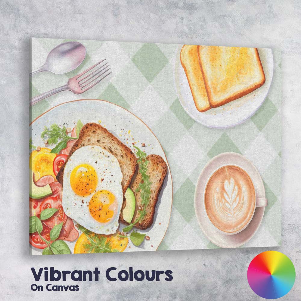 Healthy Breakfast Eggs Toast and Latte Kitchen Canvas Wall Art Print Decor Picture Ready to Hang