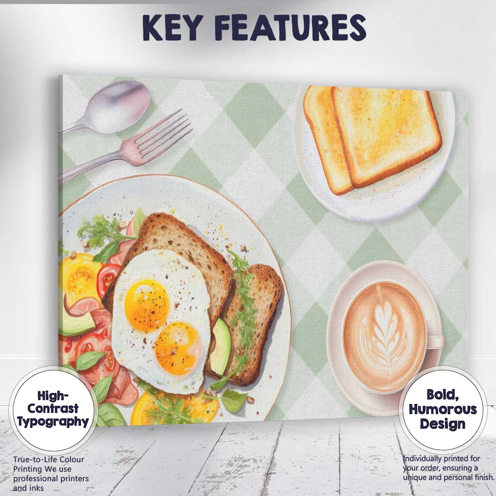 Healthy Breakfast Eggs Toast and Latte Kitchen Canvas Wall Art Print Decor Picture Ready to Hang