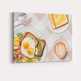 Healthy Breakfast Eggs Toast and Coffee Beige Check Kitchen Canvas Wall Art Print Decor Picture Ready to Hang