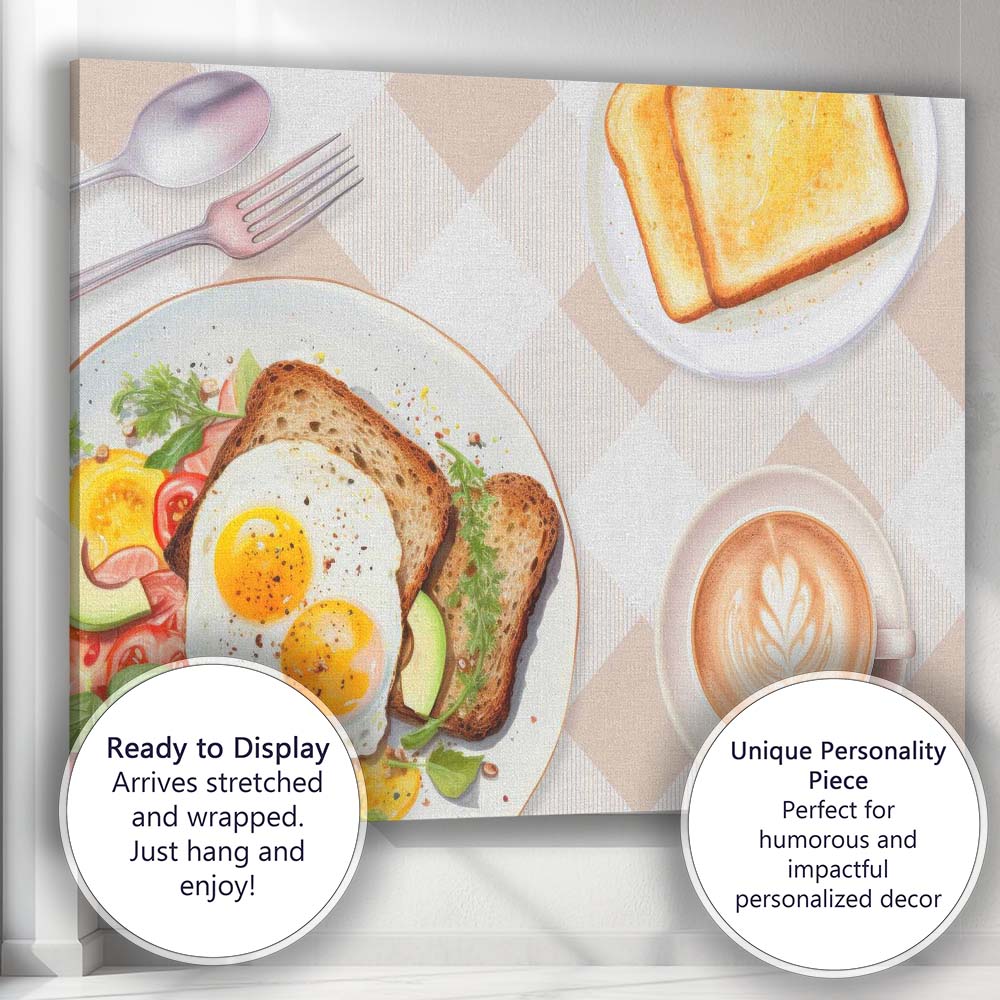 Healthy Breakfast Eggs Toast and Coffee Beige Check Kitchen Canvas Wall Art Print Decor Picture Ready to Hang