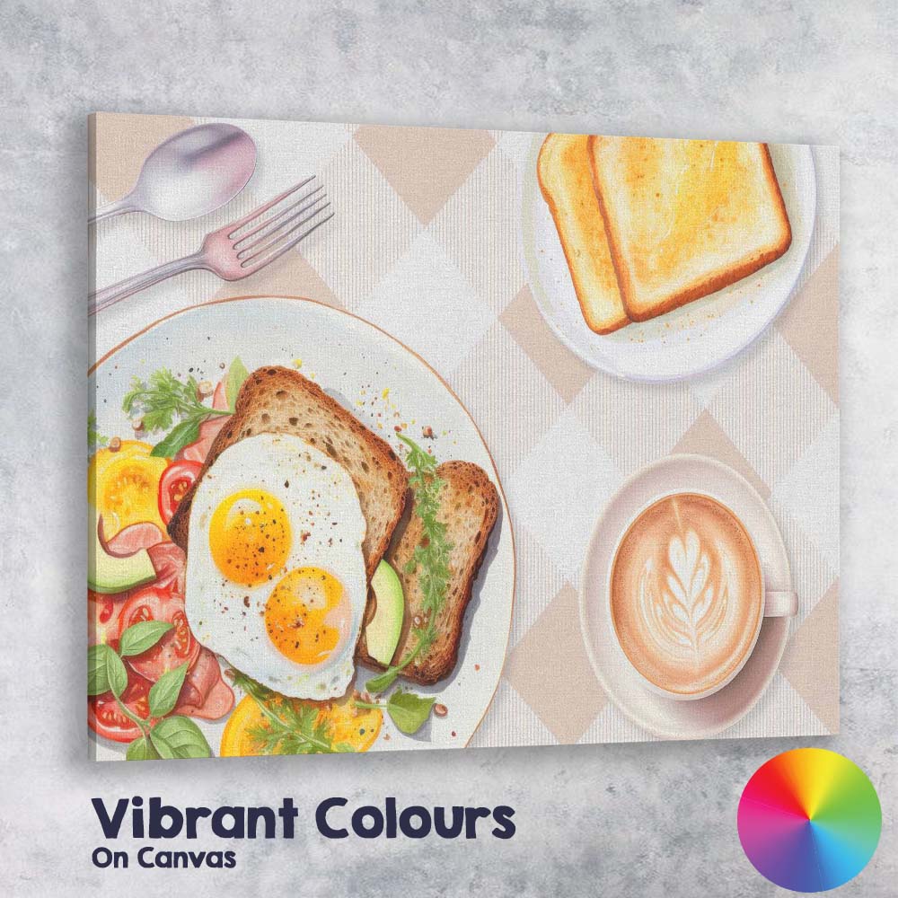 Healthy Breakfast Eggs Toast and Coffee Beige Check Kitchen Canvas Wall Art Print Decor Picture Ready to Hang