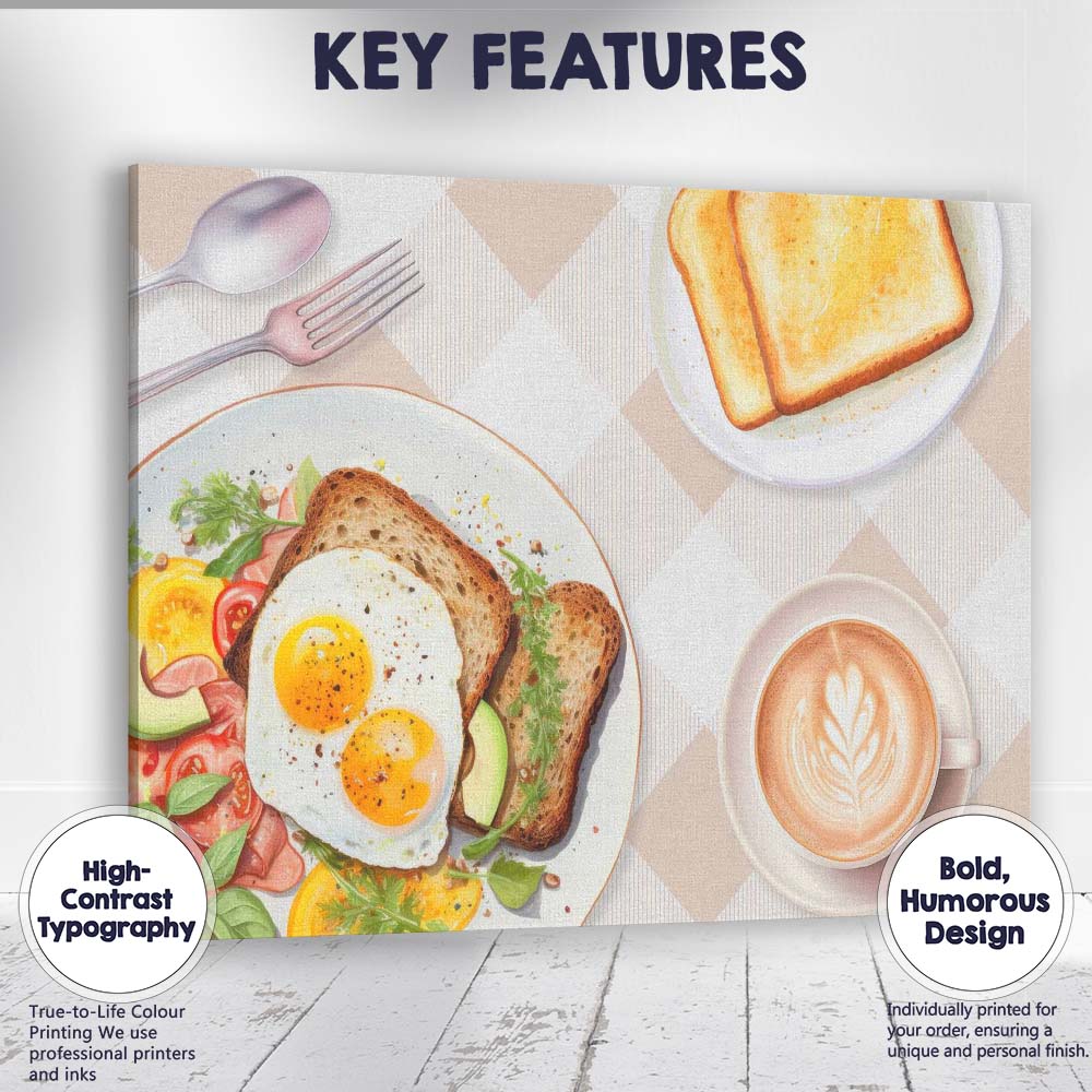 Healthy Breakfast Eggs Toast and Coffee Beige Check Kitchen Canvas Wall Art Print Decor Picture Ready to Hang