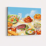 International Cuisine Food Feast Restaurant Table Illustration Canvas Wall Art Print Decor Picture Ready to Hang