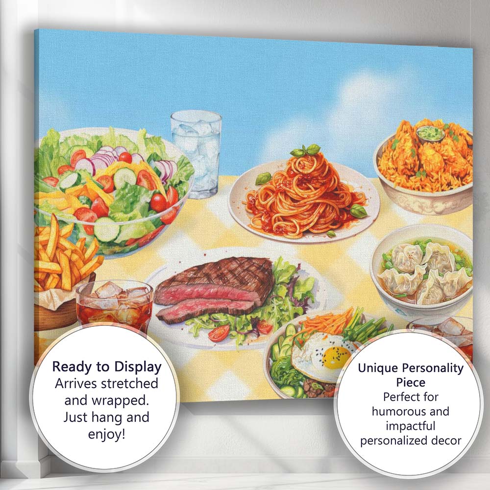 International Cuisine Food Feast Restaurant Table Illustration Canvas Wall Art Print Decor Picture Ready to Hang