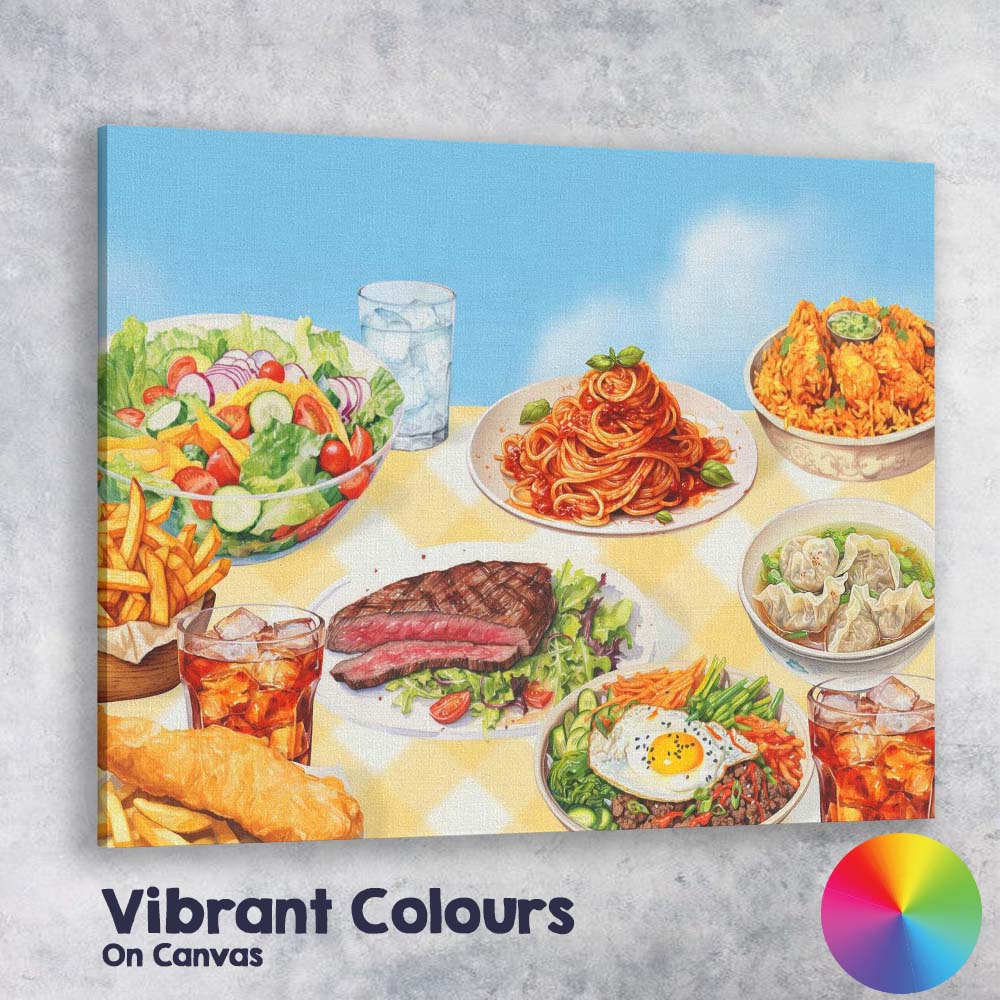 International Cuisine Food Feast Restaurant Table Illustration Canvas Wall Art Print Decor Picture Ready to Hang