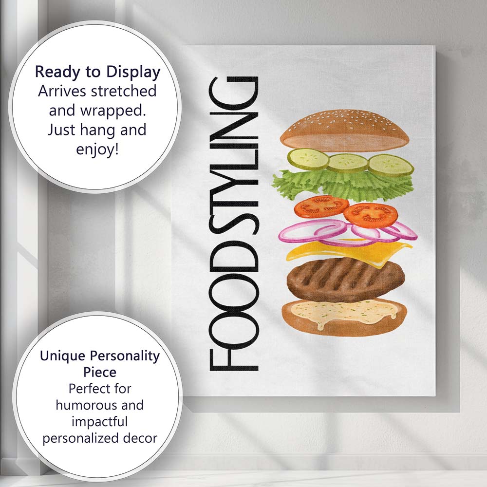 Modern Deconstructed Cheeseburger Ingredients Food Illustration Canvas Wall Art Print Decor Picture Ready to Hang