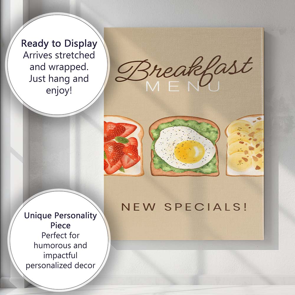 Breakfast Toast Selection Watercolour Menu Illustration Canvas Wall Art Print Decor Picture Ready to Hang