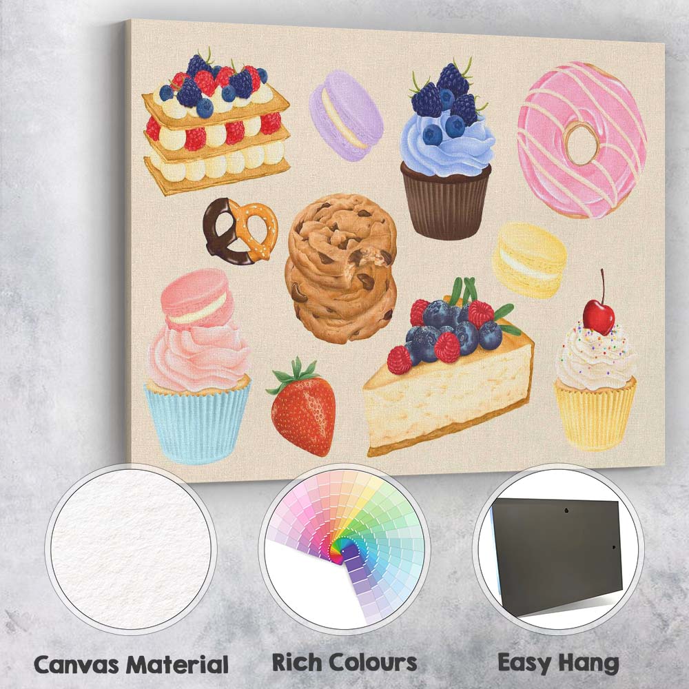 Watercolour Assorted Cakes Cupcakes and Sweet Treats Collection Canvas Wall Art Print Decor Picture Ready to Hang