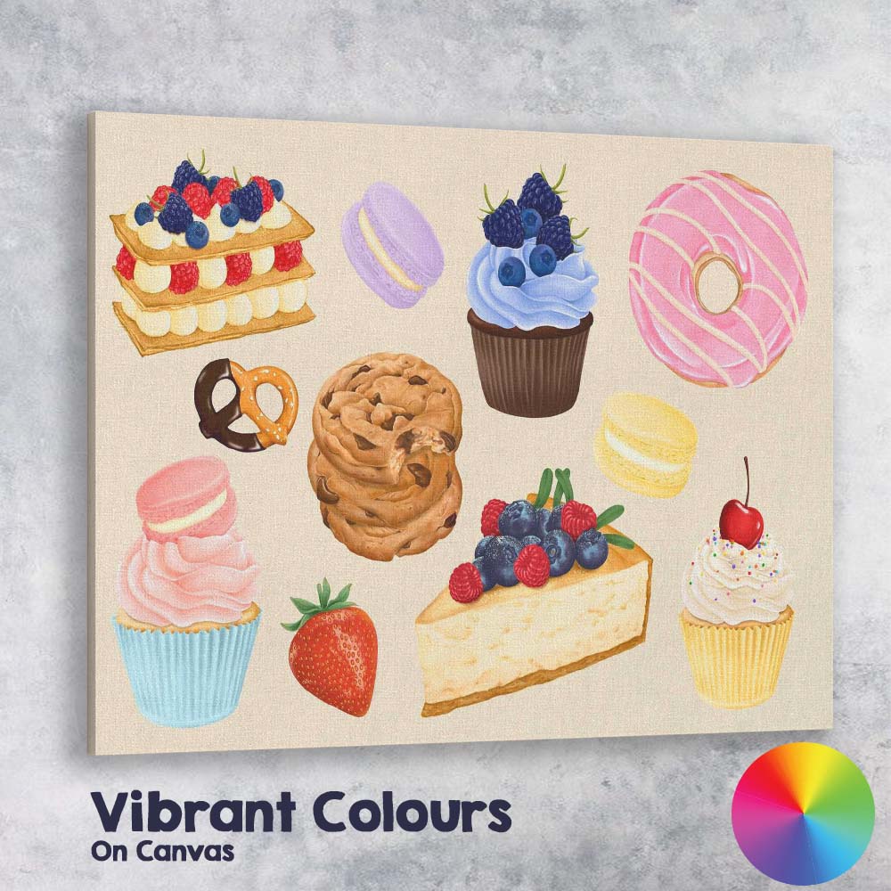 Watercolour Assorted Cakes Cupcakes and Sweet Treats Collection Canvas Wall Art Print Decor Picture Ready to Hang