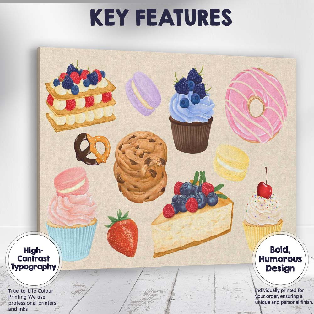 Watercolour Assorted Cakes Cupcakes and Sweet Treats Collection Canvas Wall Art Print Decor Picture Ready to Hang