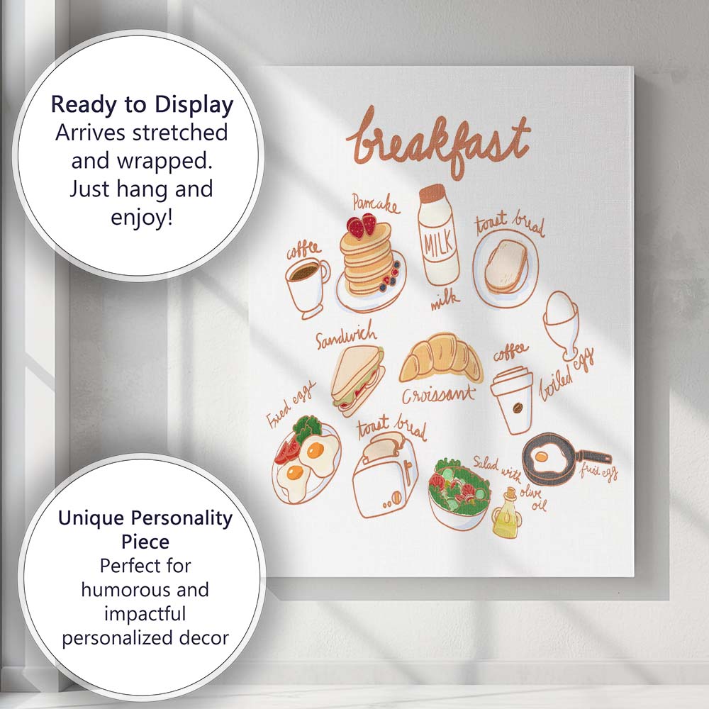Hand Drawn Breakfast Menu Food Illustration Kitchen Poster Canvas Wall Art Print Decor Picture Ready to Hang