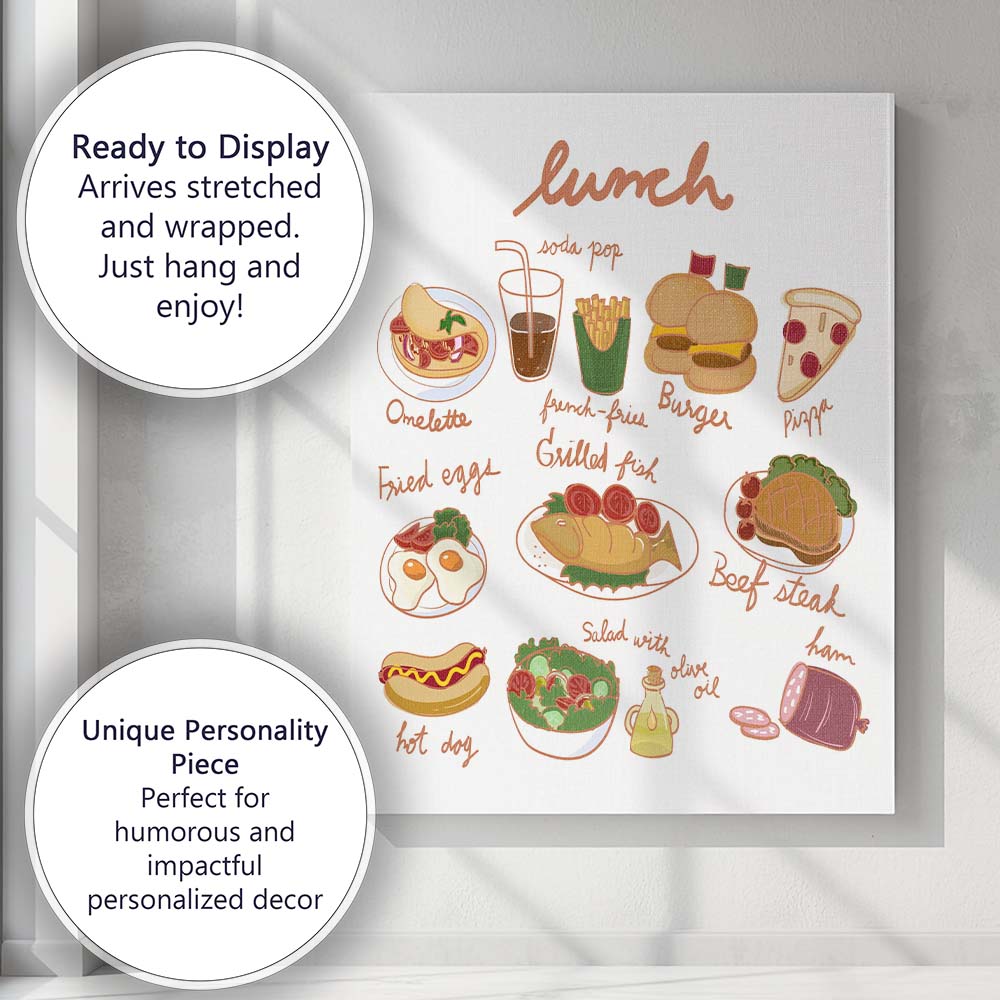 Hand Drawn Lunch Menu Food Illustration Kitchen Poster Canvas Wall Art Print Decor Picture Ready to Hang