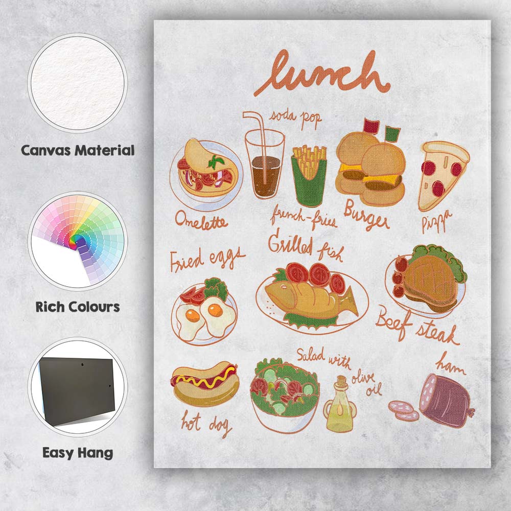 Hand Drawn Lunch Menu Food Illustration Kitchen Poster Canvas Wall Art Print Decor Picture Ready to Hang