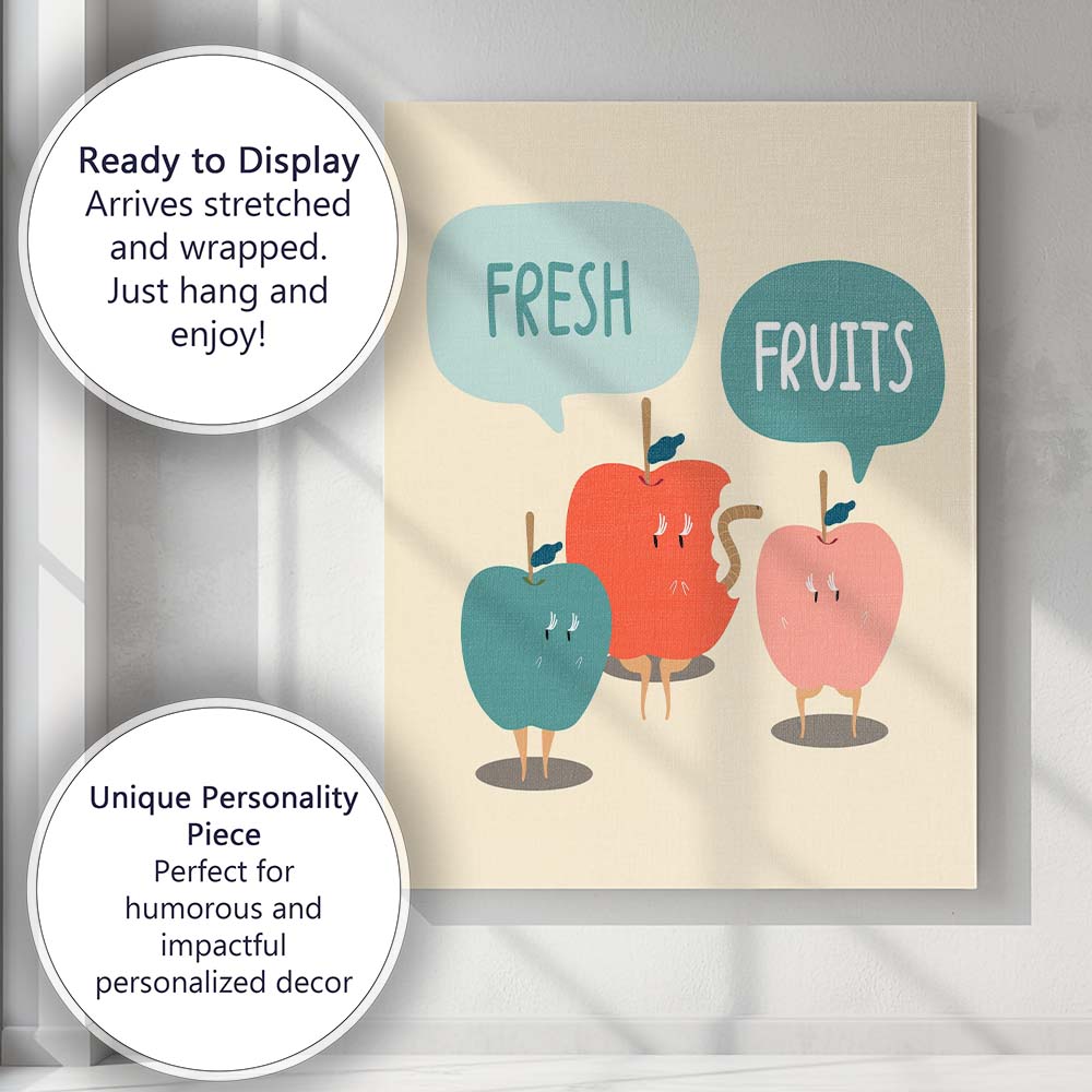 Cute Fresh Apples Cartoon Fruit Typography Illustration Canvas Wall Art Print Decor Picture Ready to Hang