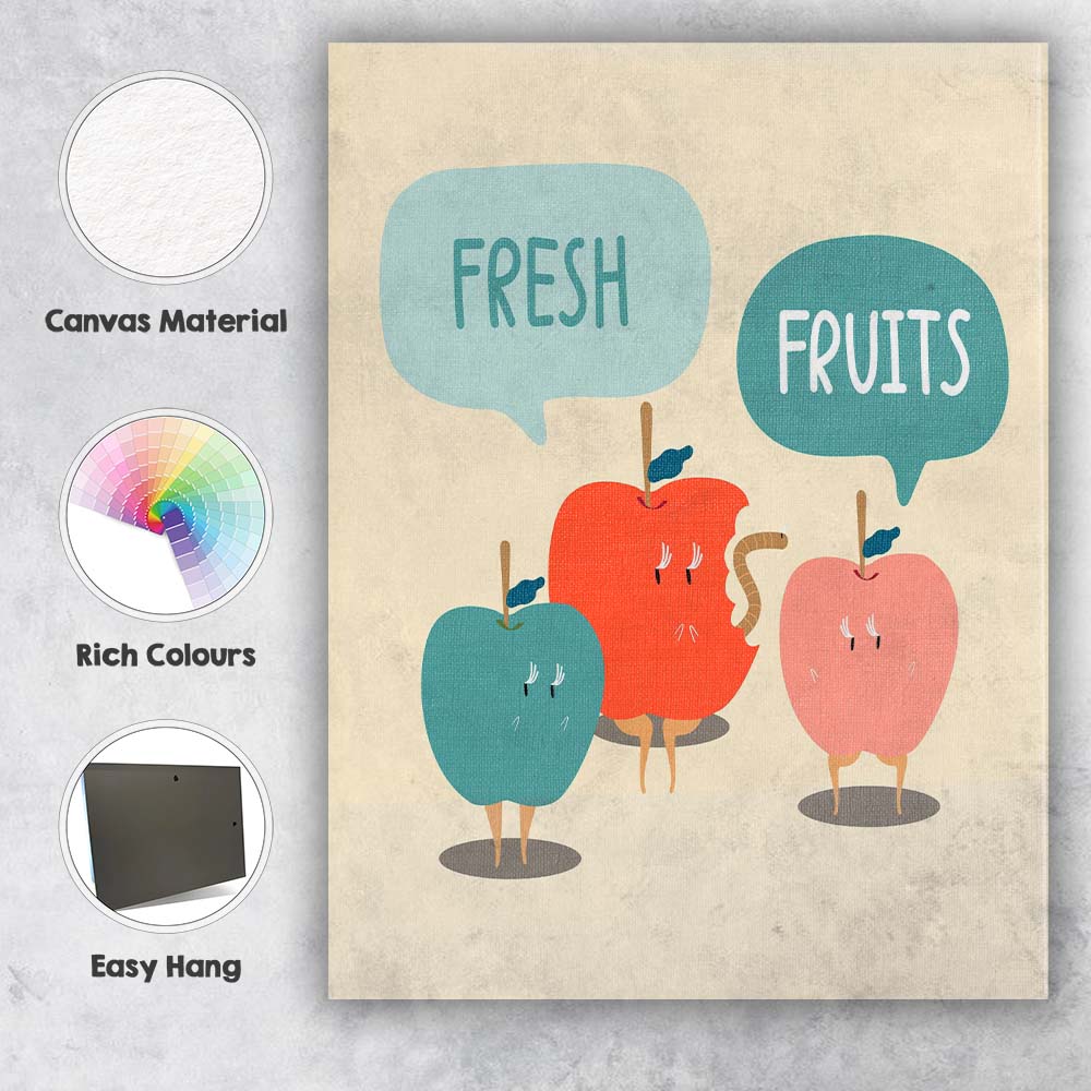 Cute Fresh Apples Cartoon Fruit Typography Illustration Canvas Wall Art Print Decor Picture Ready to Hang