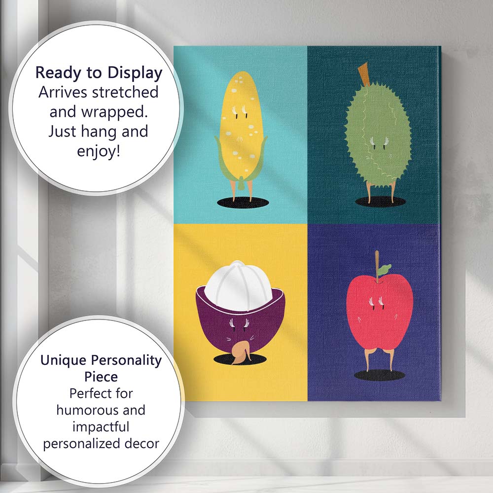 Cute Corn Durian Mangosteen Apple Character Pop Art Grid Canvas Wall Art Print Decor Picture Ready to Hang