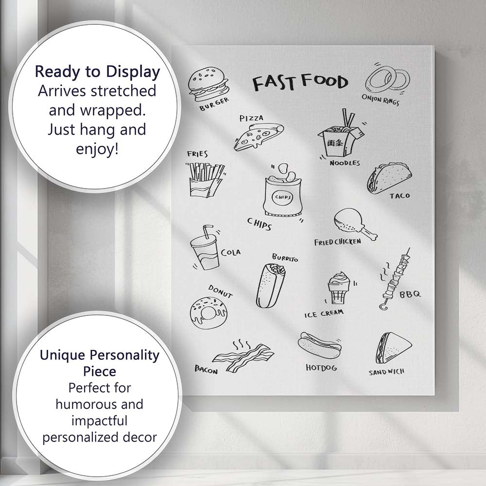 Black White Fast Food Doodle Illustration Kitchen Poster Canvas Wall Art Print Decor Picture Ready to Hang
