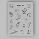 Black White Fast Food Doodle Illustration Kitchen Poster Canvas Wall Art Print Decor Picture Ready to Hang