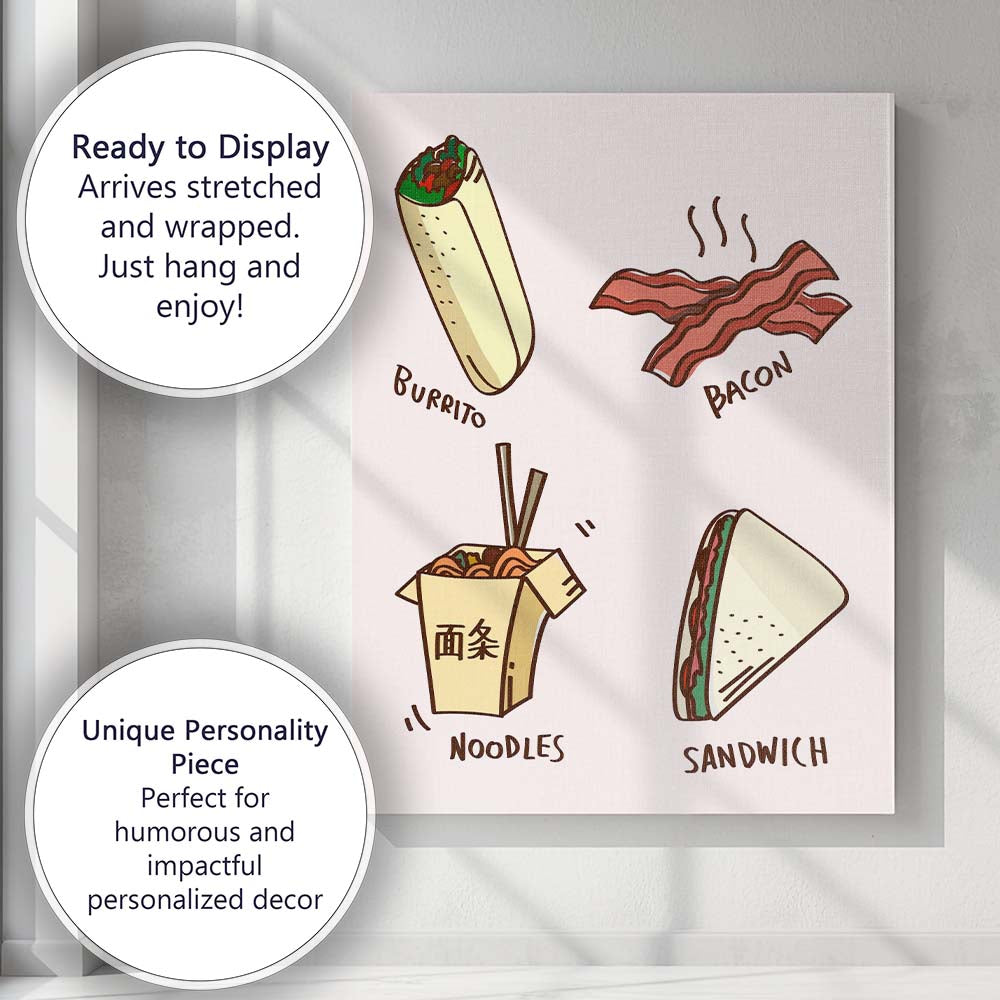 Colourful Fast Food Burrito Bacon Noodles Sandwich Illustration Canvas Wall Art Print Decor Picture Ready to Hang