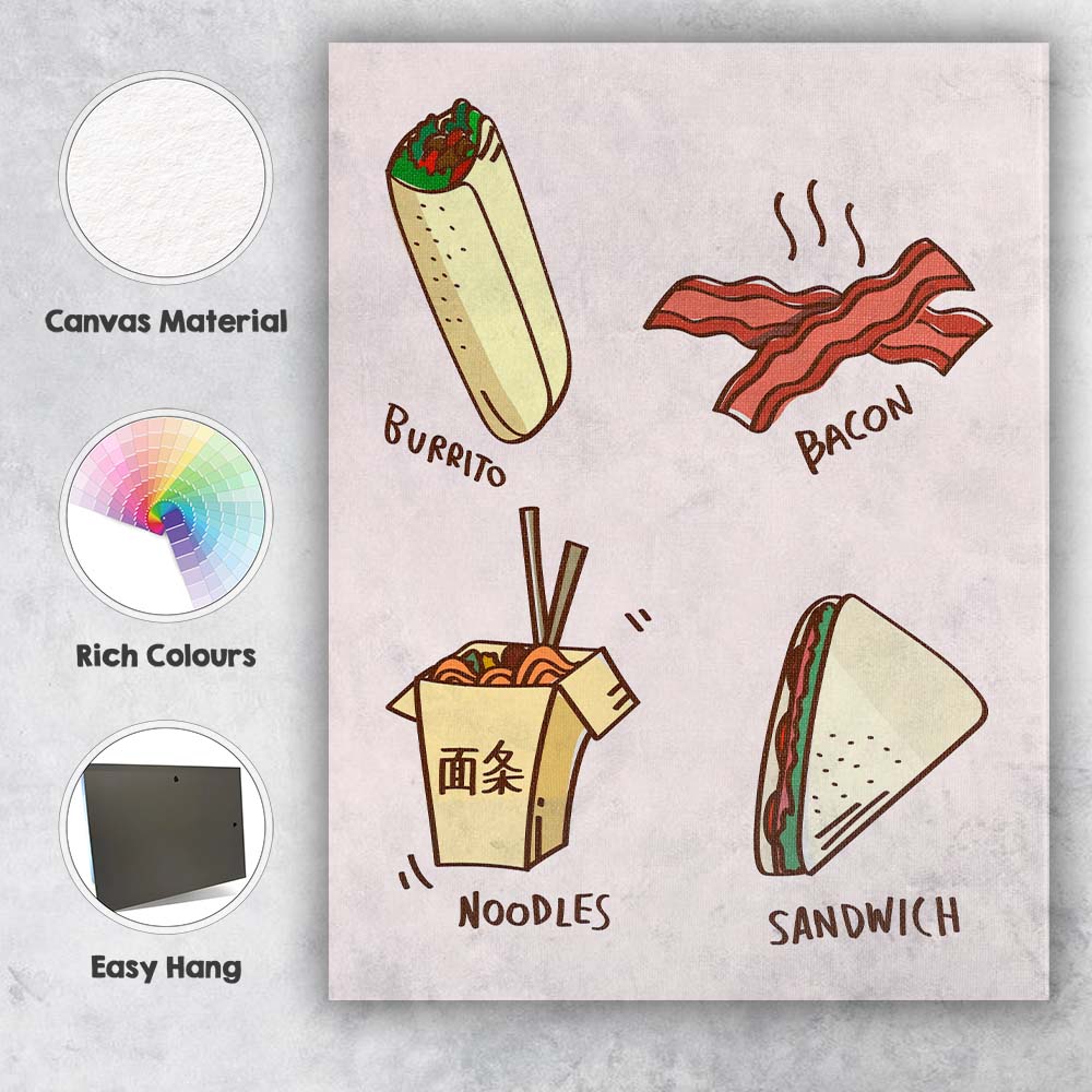 Colourful Fast Food Burrito Bacon Noodles Sandwich Illustration Canvas Wall Art Print Decor Picture Ready to Hang