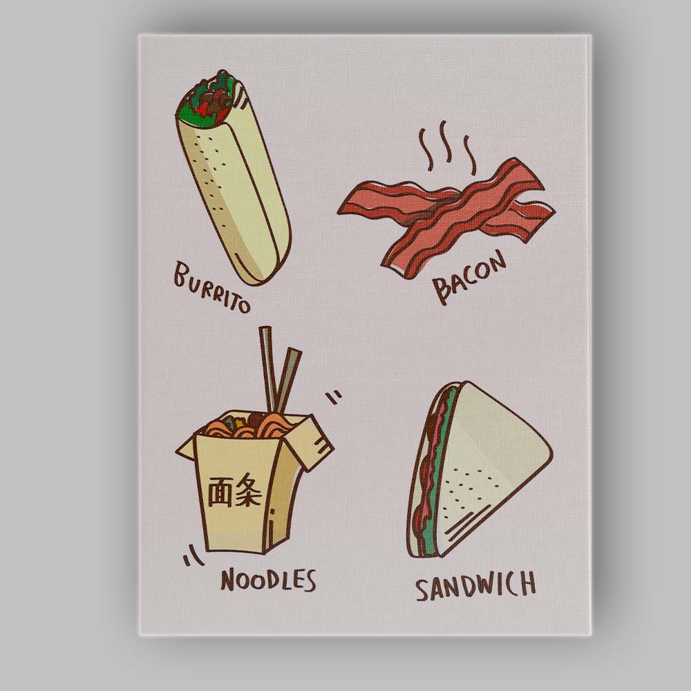 Colourful Fast Food Burrito Bacon Noodles Sandwich Illustration Canvas Wall Art Print Decor Picture Ready to Hang