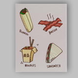 Colourful Fast Food Burrito Bacon Noodles Sandwich Illustration Canvas Wall Art Print Decor Picture Ready to Hang