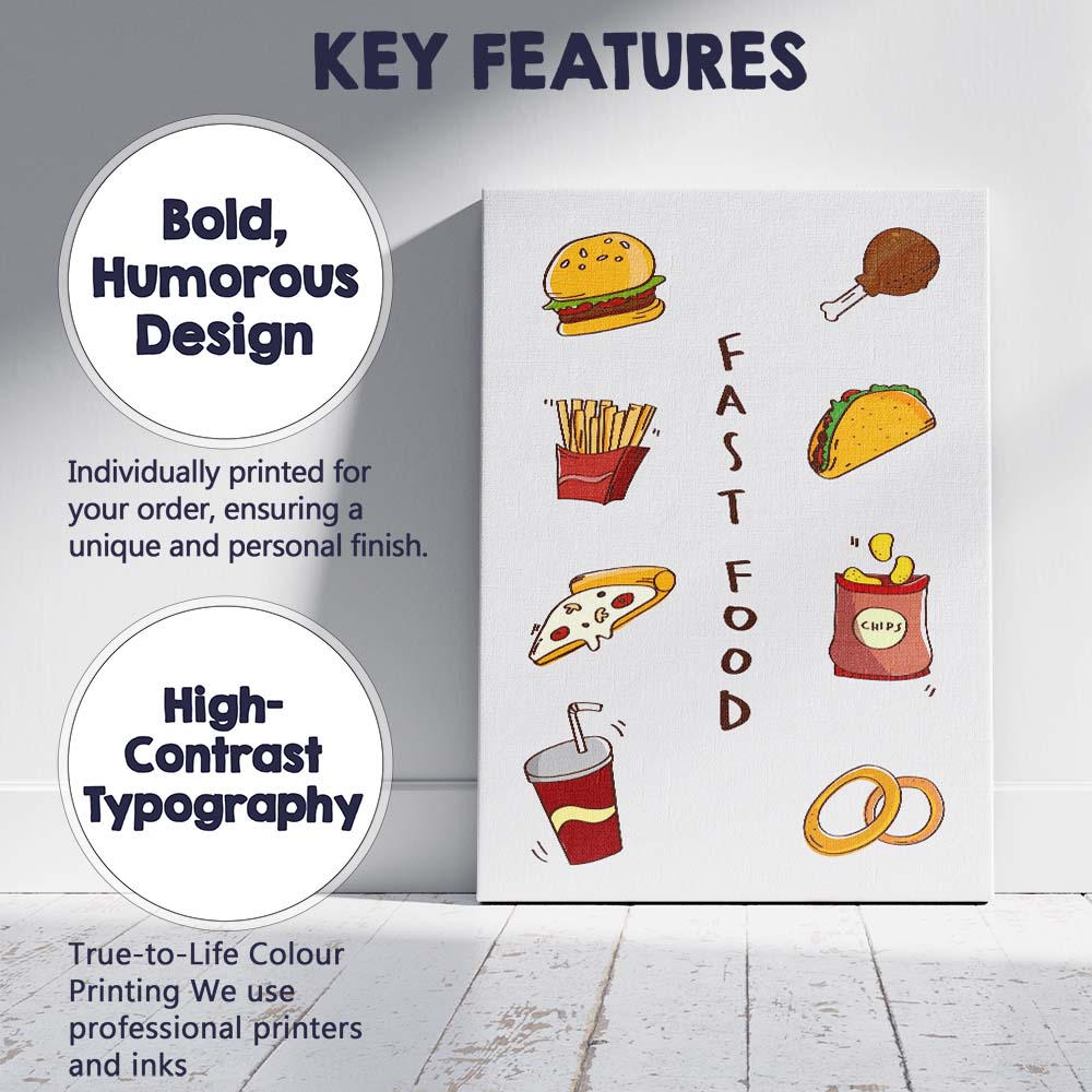 Colourful Fast Food Icons Burger Taco Pizza Fries Illustration Canvas Wall Art Print Decor Picture Ready to Hang