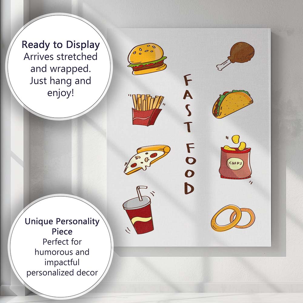 Colourful Fast Food Icons Burger Taco Pizza Fries Illustration Canvas Wall Art Print Decor Picture Ready to Hang