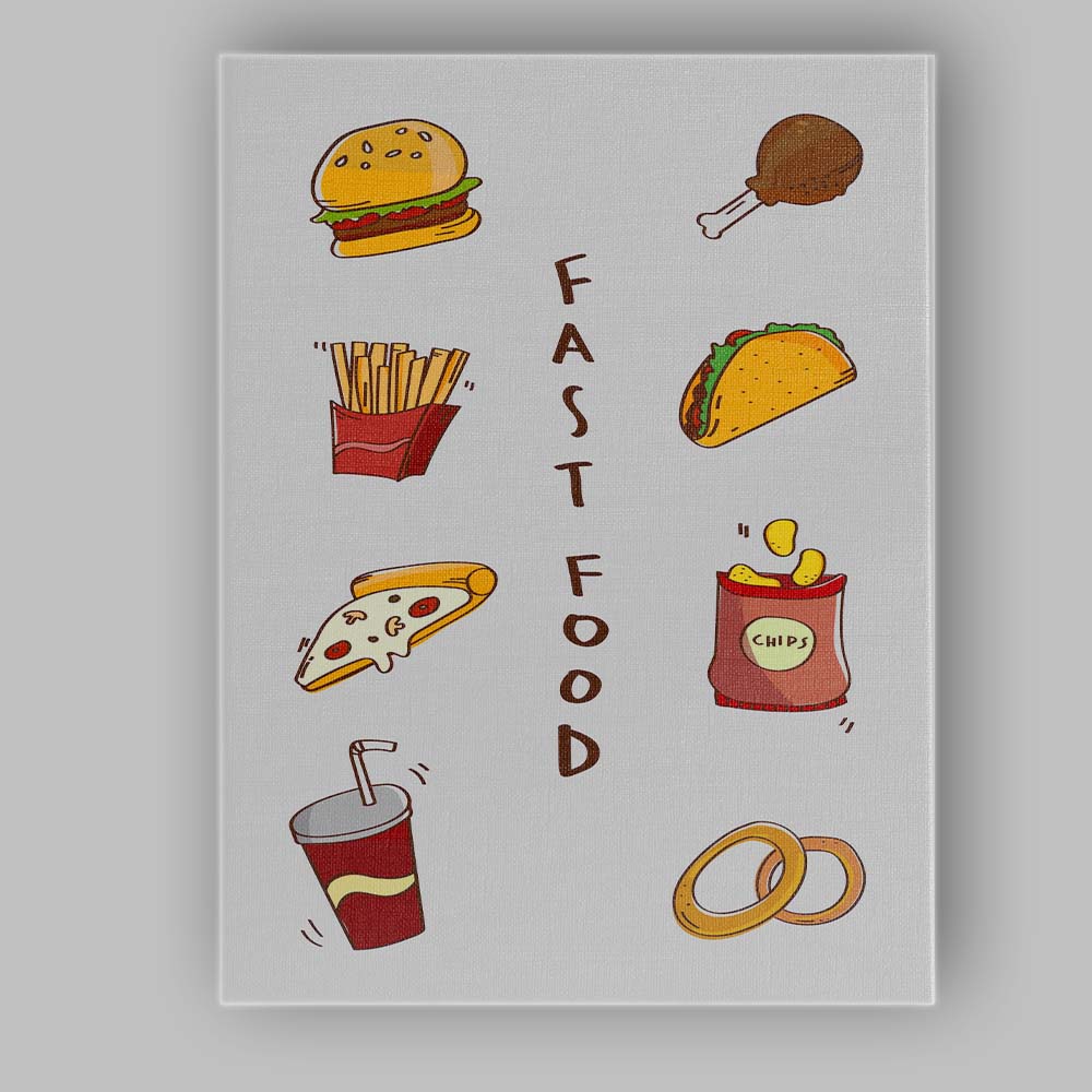 Colourful Fast Food Icons Burger Taco Pizza Fries Illustration Canvas Wall Art Print Decor Picture Ready to Hang