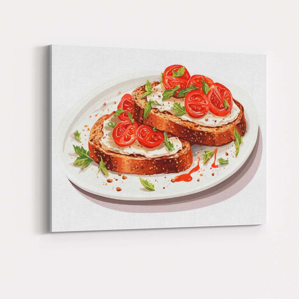 Tomato Bruschetta Toast Watercolour Italian Food Illustration Canvas Wall Art Print Decor Picture Ready to Hang
