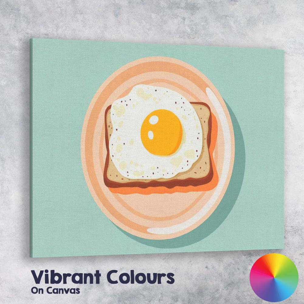 Minimalist Fried Egg Toast Breakfast Flat Lay Illustration Canvas Wall Art Print Decor Picture Ready to Hang