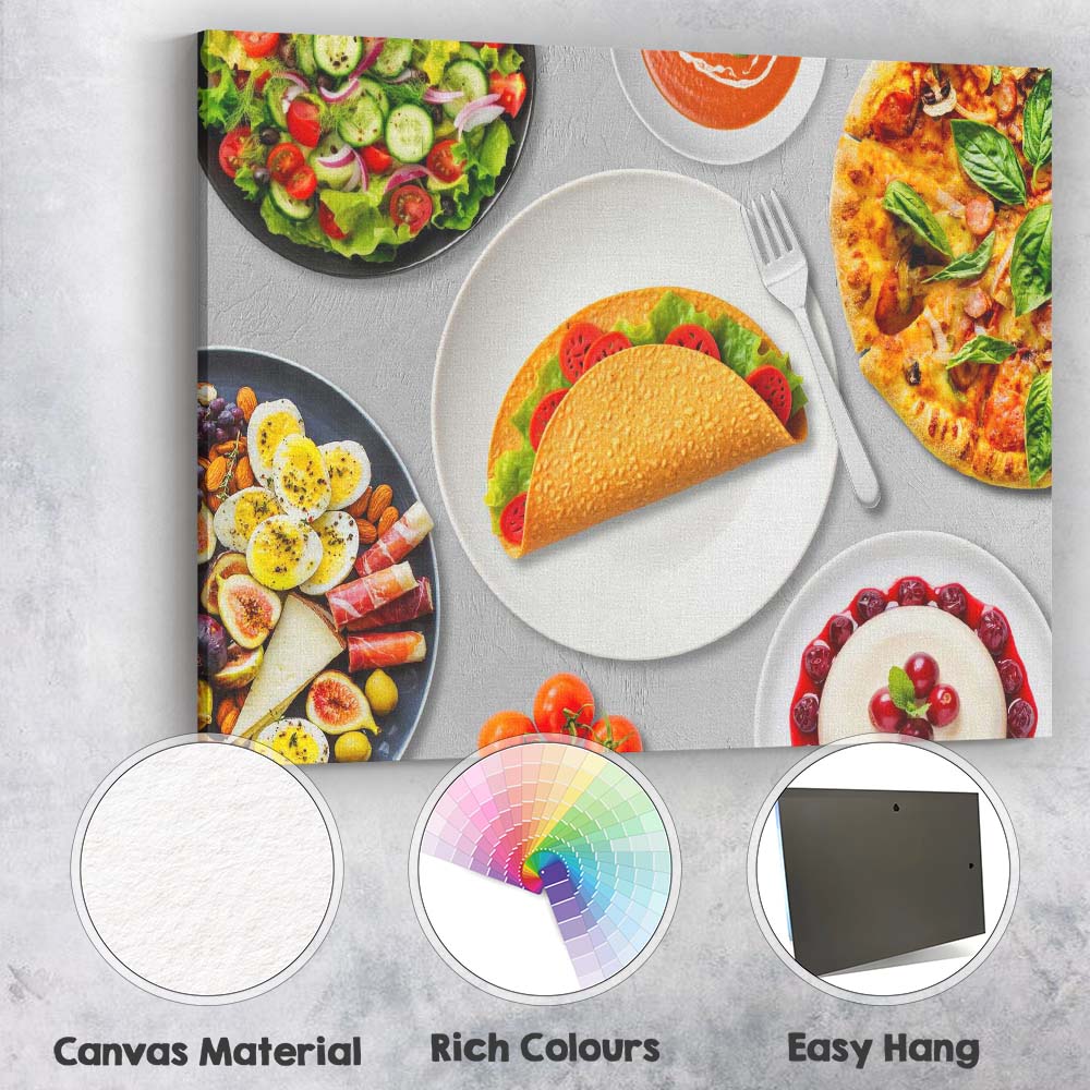 Gourmet Taco Pizza Salad Healthy Meal Flat Lay Canvas Wall Art Print Decor Picture Ready to Hang