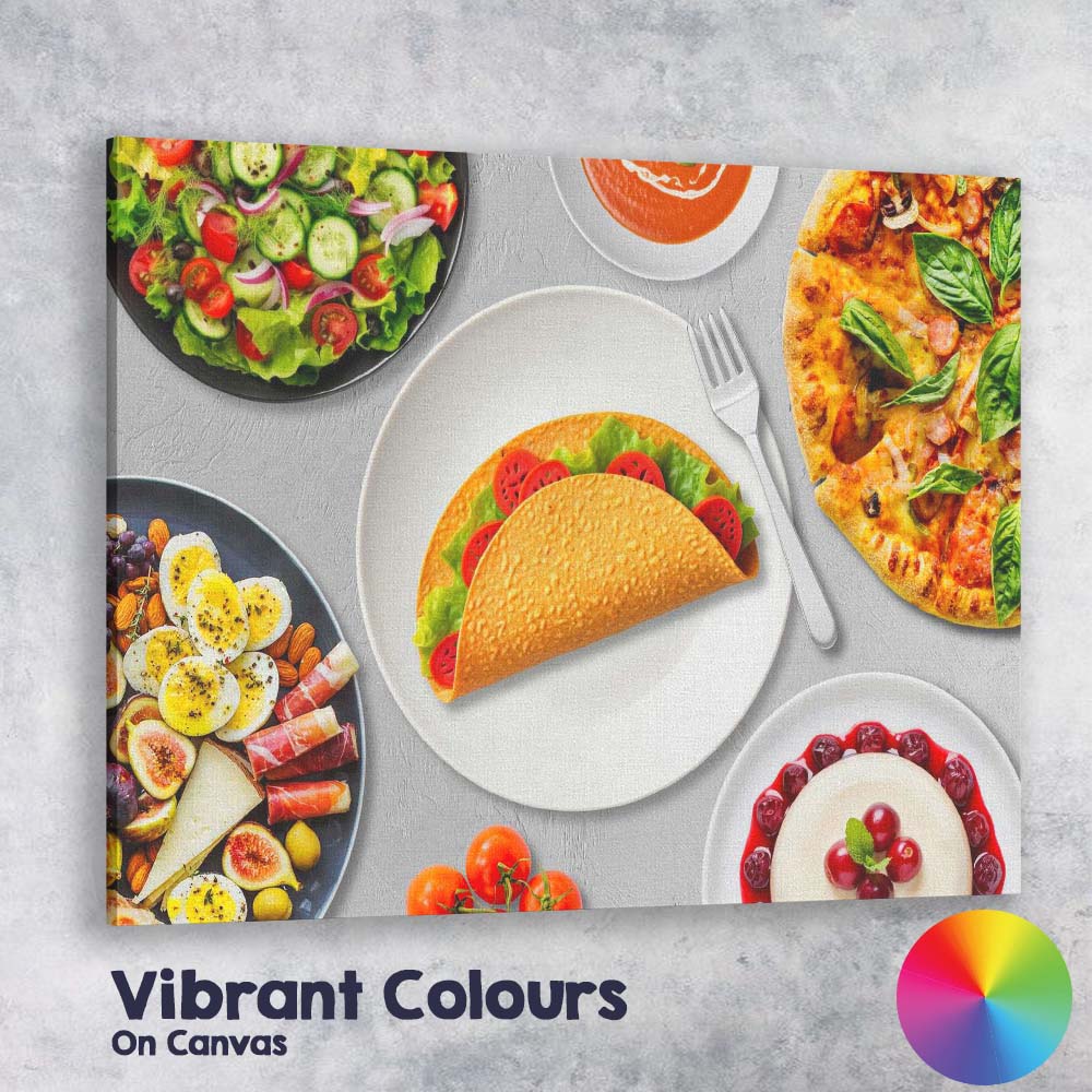 Gourmet Taco Pizza Salad Healthy Meal Flat Lay Canvas Wall Art Print Decor Picture Ready to Hang