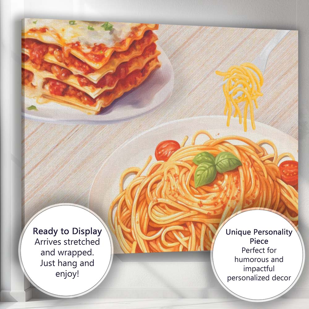 Italian Spaghetti Pasta and Lasagne Watercolour Food Illustration Canvas Wall Art Print Decor Picture Ready to Hang