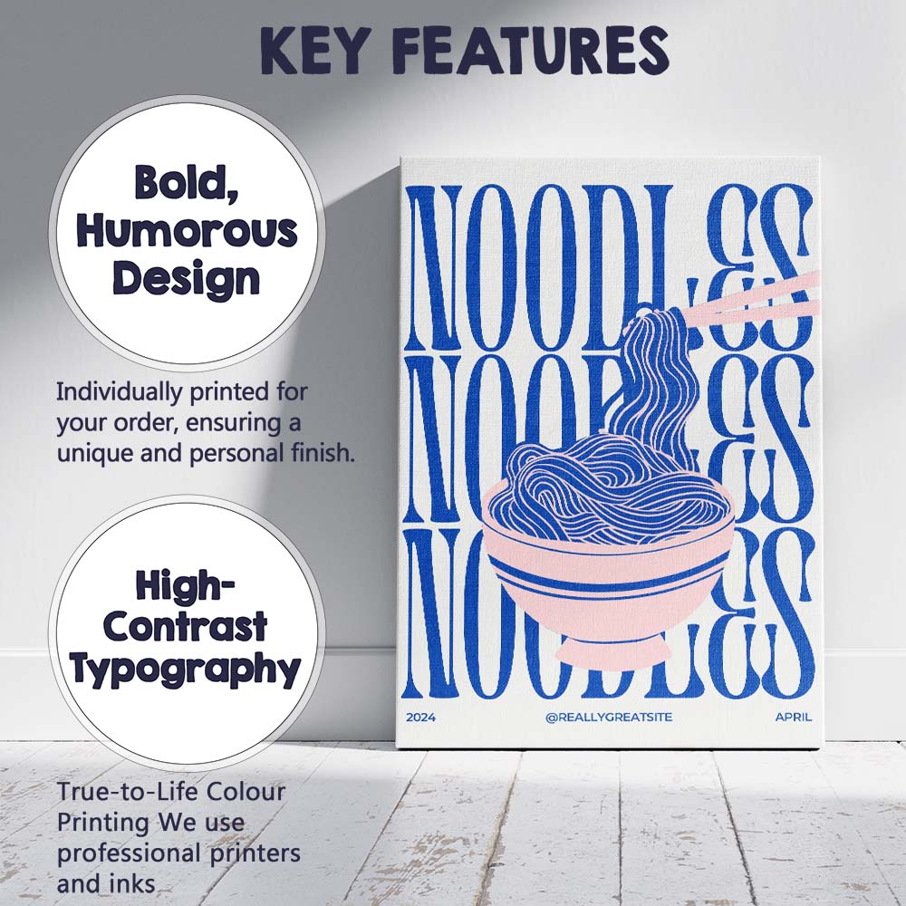 Blue Pink Minimalist Noodles Typography Kitchen Poster Canvas Wall Art Print Decor Picture Ready to Hang
