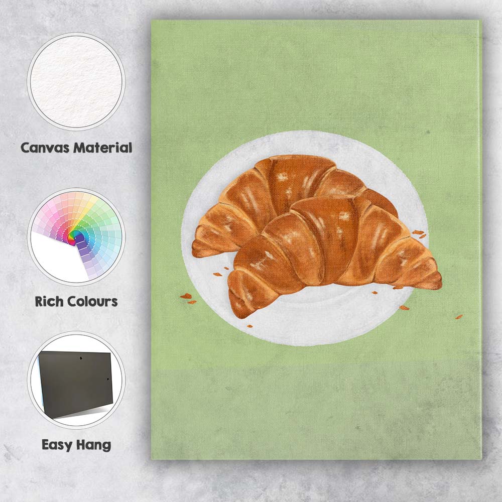 Fresh Baked Croissants on White Plate Illustration Canvas Wall Art Print Decor Picture Ready to Hang
